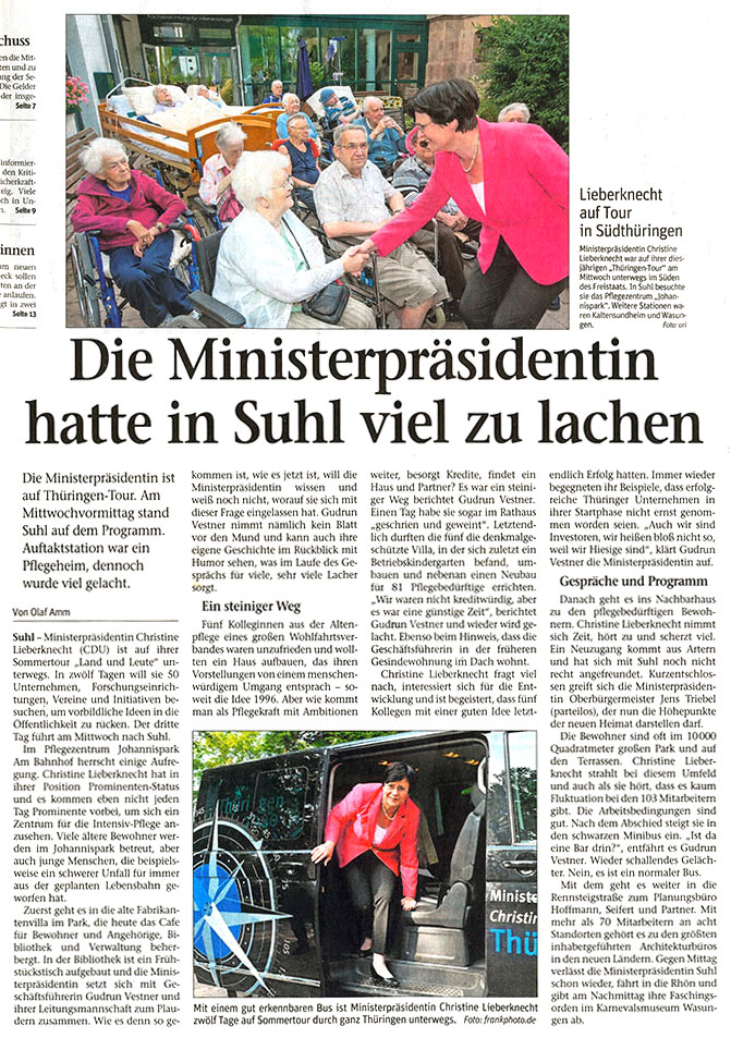 Presse Johannispark Pflegezentrum Suhl: Die Ministerpräsidentin hatte in Suhl viel zu lachen (Freies Wort, Olaf Amm, 17.07.2013)