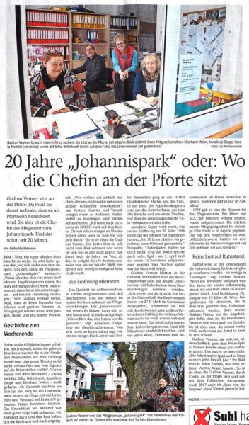 Presse Johannispark Pflegezentrum Suhl: 20 Jahre "Johannispark" oder: Wo die Chefin an der Pforte sitzt (Freies Wort, Heike Hüchtemann, 07.04.2018)