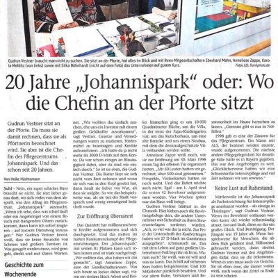 Presse Johannispark Pflegezentrum Suhl: 20 Jahre "Johannispark" oder: Wo die Chefin an der Pforte sitzt (Freies Wort, Heike Hüchtemann, 07.04.2018)