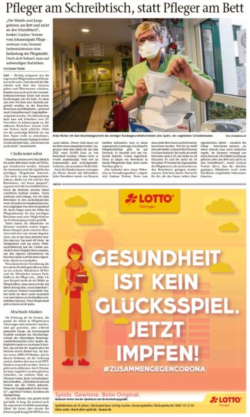 Presse Johannispark Pflegezentrum Suhl: Pfleger am Schreibtisch, statt Pfleger am Bett (Freies Wort, Doreen Fischer, 29.12.2021)