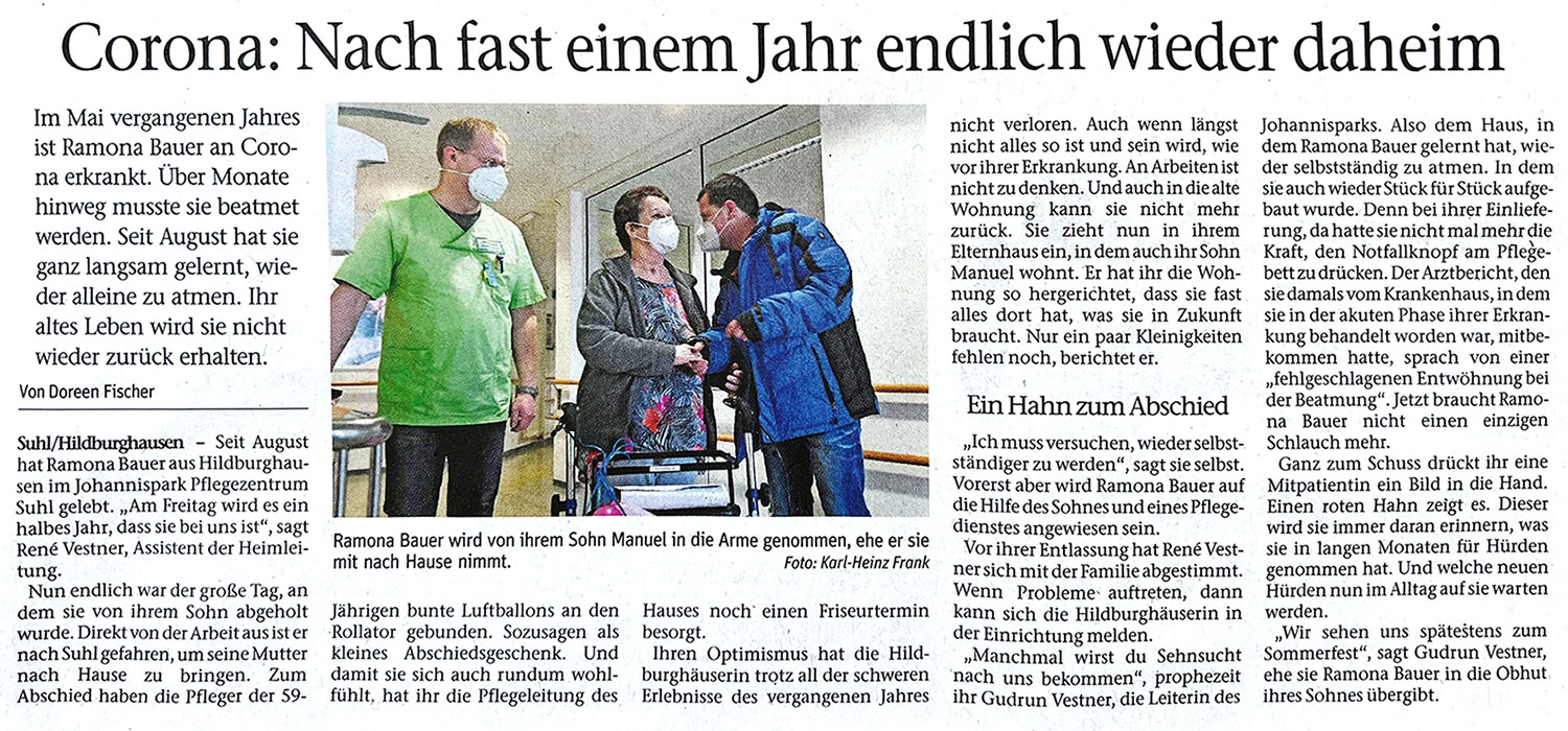 Presse Johannispark Pflegezentrum Suhl: Corona: Nach fast einem Jahr endlich wieder daheim (Freies Wort, Doreen Fischer, 11.03.2022)